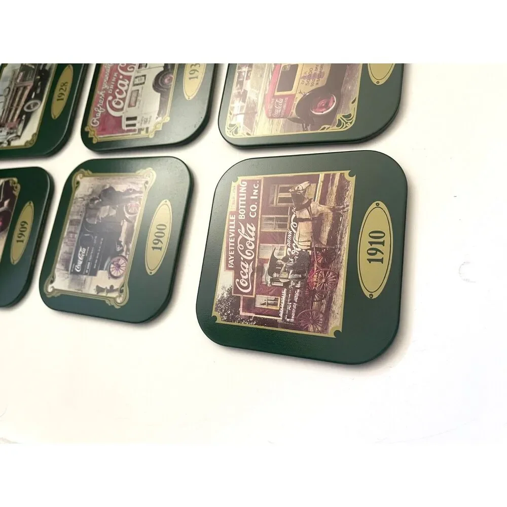 Y2K Coca Cola Coasters Metal 4 Inch Boxed Retro Drink Coke Vintage Lot 6 Green